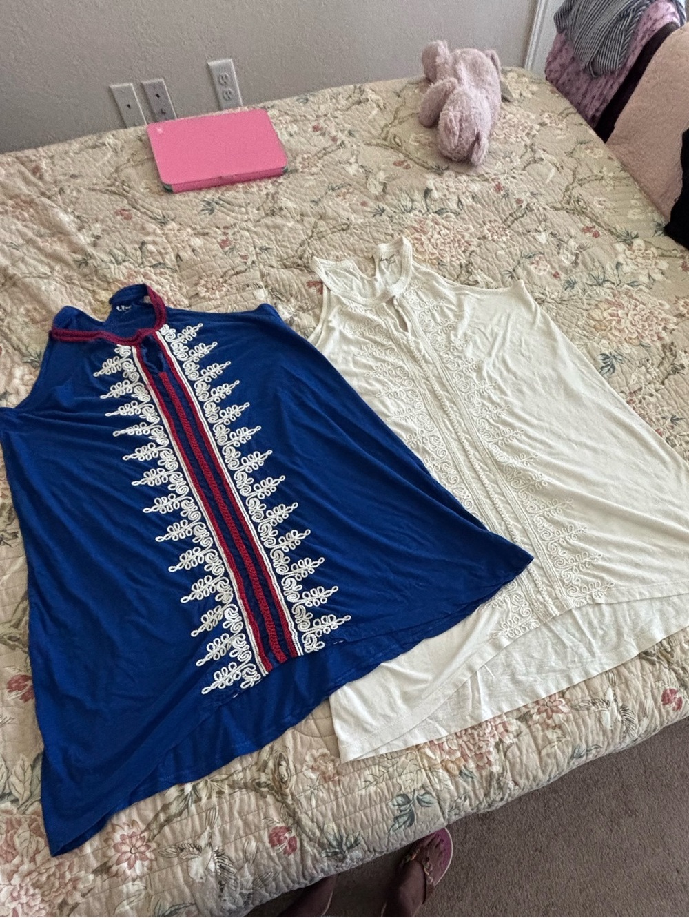 Blue Embroidered Sleeveless Tunic Top